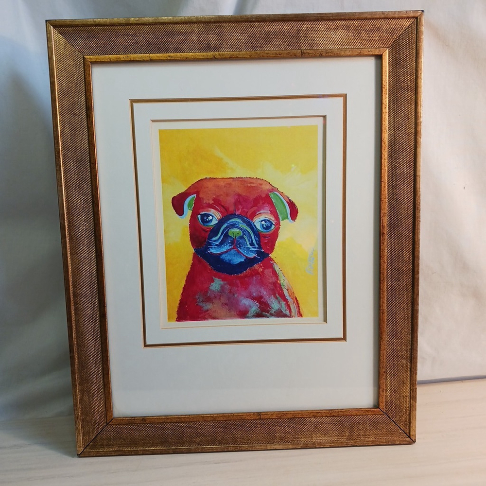 Pug Print Framed Abstract Artwork Cathey Red Gold Frame 16 x 13.5